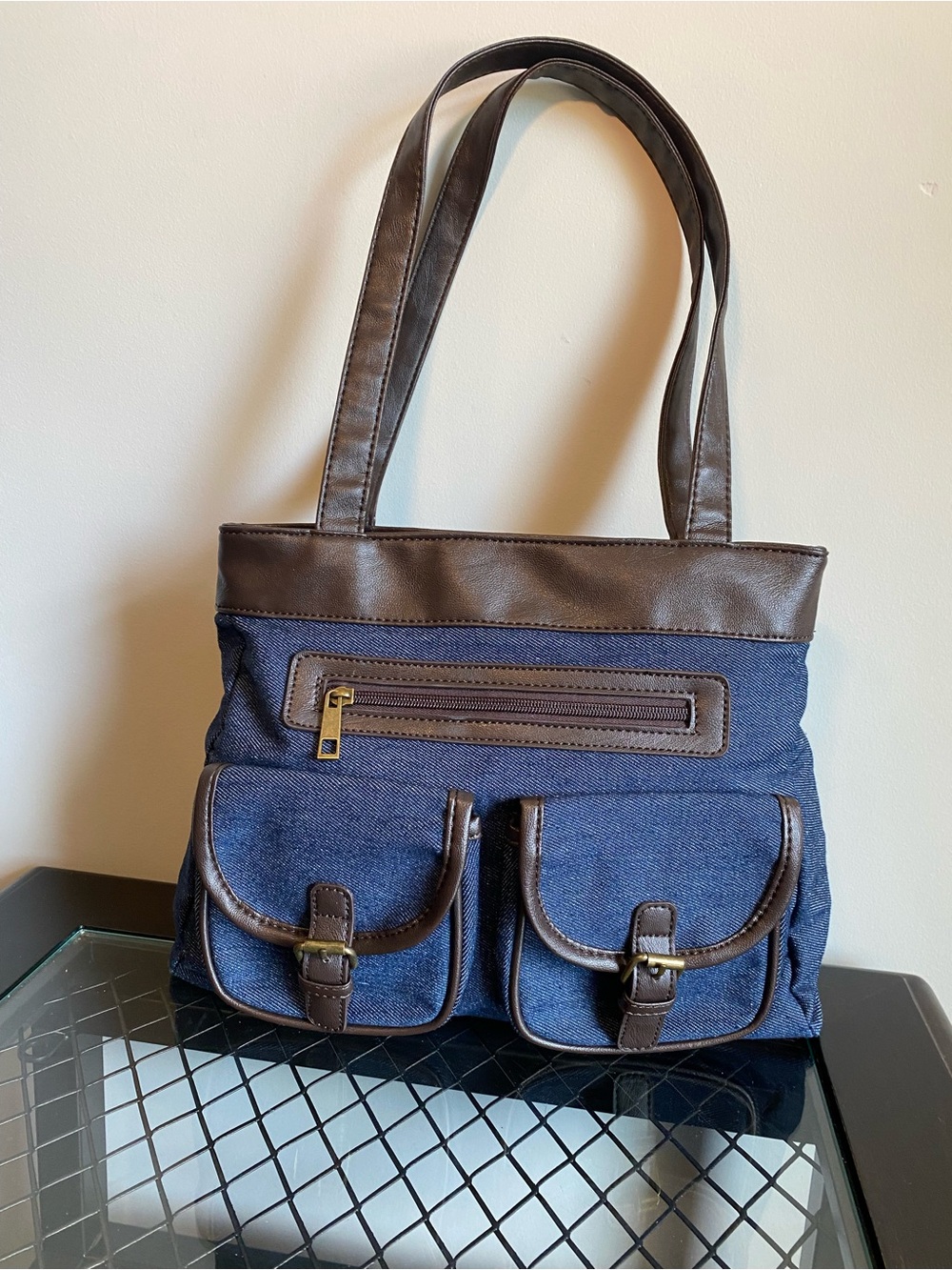 Denim Canvas Tote with Brown Faux Leather Trim